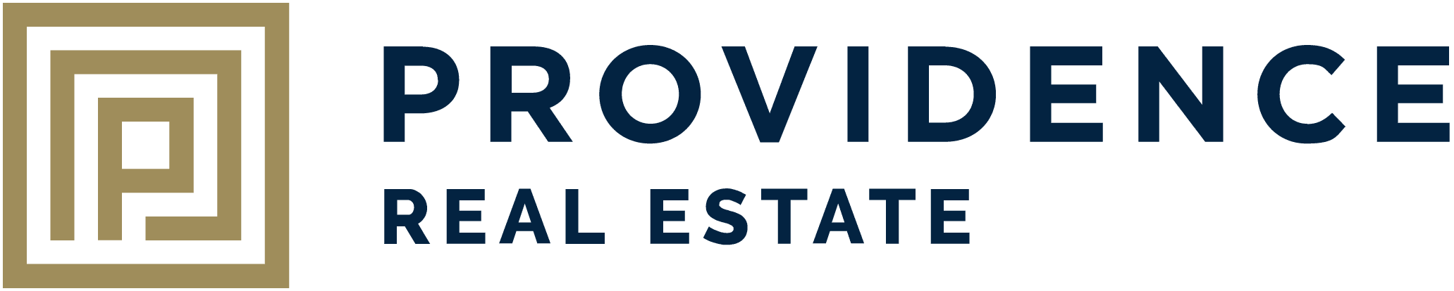 Providence Real Estate logo featuring a gold and black geometric "P" emblem on the left, followed by bold navy blue text that reads "PROVIDENCE" above smaller capital letters spelling "REAL ESTATE".